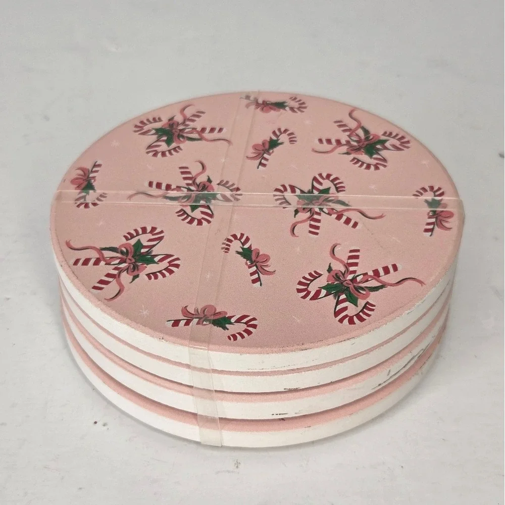 Pink‎ Peppermint Candy Cane Ribbon Ceramic Christmas Coasters Set